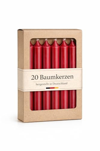 20 Baumkerzen durchgefärbt (110x13mm) | Extra lange Christbaumkerzen | Made in Germany | Tropffrei & Rußarm | Für Weihnachtsbaum & Geburtstag (Rot)