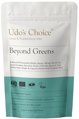 Greens Powder with Barley, Kale, Chlorella & Spirulina – Organic Vegan Superfood for Skin, Gut & Immune Health – High Fibre Detox Support – Udo's Choice Beyond Greens – 31 Servings