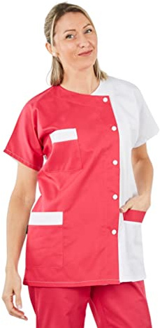 Hurry Jump Label Blouse Tunique médicale Col Rond 3 Poches Manches Courtes Sergé 210 gramme Couleurs Blanc Fushia Pressions inoxydables Lavage Machine 90 degrés ou Industriel T4-48/50
