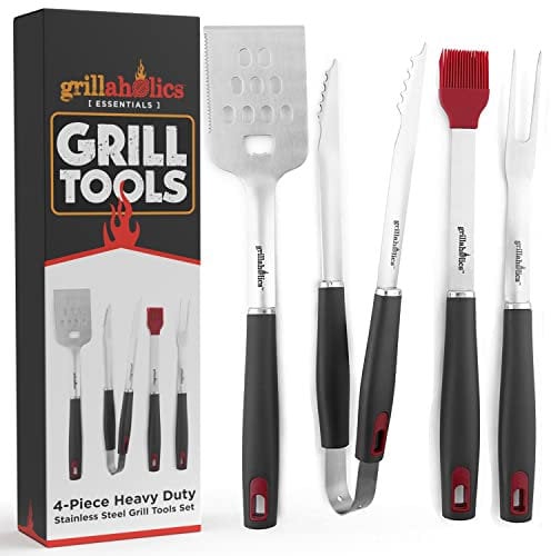 Grillaholics BBQ Tools Set - 4-Piece BBQ Grill Tools Kit - Heavy Duty Stainless-Steel Barbecue Grilling Utensils - Premium BBQ Accessories for Barbecue - Spatula, Tongs, Fork, and Basting Brush