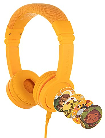 ONANOFF BuddyPhones Connect, Volume-Limiting Kids Headphones, Foldable and Durable, Built-in Mic, BuddyCable for Audio Sharing, Yellow