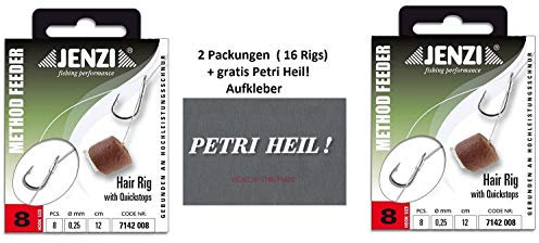 Set: 2 Packung (16 Rigs) Method Feeder Hair Rig von Jenzi mit Gummi Band/Quick Stop, Hakengröße 8, 10, 12 - Länge 12 cm +gratis Petri Heil! Aufkleber (Quickstop Hakengröße 8)