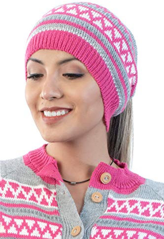 INTI ALPACA Damen Pferdeschwanz Mütze aus Alpaka Wolle -Alpaka Mütze für Damen - Wintermütze - Strickmütze für Pferdeschwanz - Gestricke - Grau und Rosa- Einheitsgröße