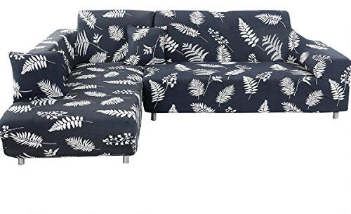 ele ELEOPTION Sofa Überwürfe elastische Stretch Sofabezug 2er Set 3 Sitzer für L Form Sofa inkl. 2 Stücke Kissenbezug (Schwarz Blattes)
