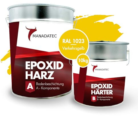 MANADATEC 2k Epoxidharz Bodenbeschichtung 10kg I RAL 1023 Verkehrsgelb I Lösemittelfrei, Umweltfreundlich & Geruchsneutral I Beschichtung für Garagen- & Kellerböden I Hohe Schlagfestigkeit