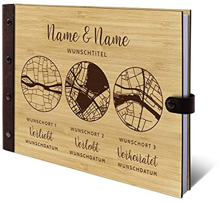 Personalisiertes Hochzeit Gästebuch Bambus Cover mit Echt-Leder mit Ihren 3 individuellen Adressen inkl. 72 Blätter | 144 Innenseiten DIN A4 quer - Verliebt Verlobt Verheiratet