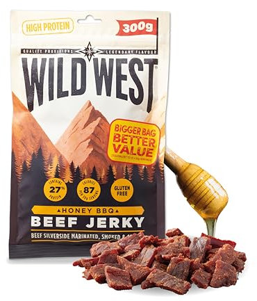 Wild West Beef Jerky, 300g Honey BBQ Rindfleisch, Beef Jerky high Protein Trockenfleisch, Protein Snack