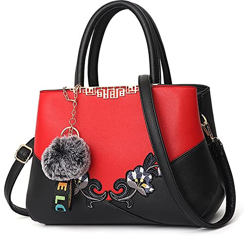 VARLIVOO Sac a Mains Femme Cuir PU Élégant Sac Bandouliere avec Broderie Florale Sacs à Main portés Main Classe avec Pendentif en Peluche pour Shopping Travail Voyage Fête Quotidien Rouge B
