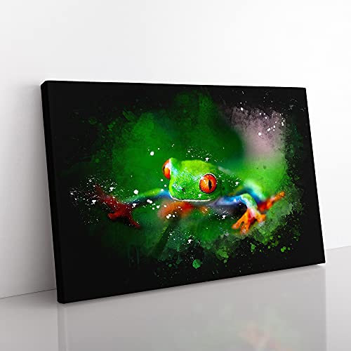 Big Box Art Tree Frog Vol.1 Paint Splash Canvas Wall Art Print Ready to Hang Picture, 76 x 50 cm (30 x 20 Inch), Black, Green, Green