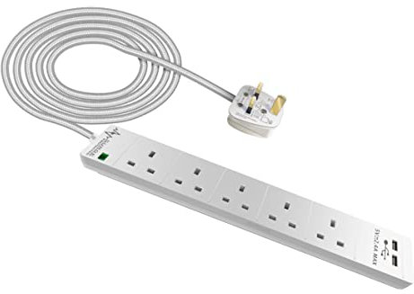 Brite-R 5 Gang 2 Metre SURGE PROTECTED Extension Lead + 2x USB 2.1A + Neon Power Five Socket UK CE marked BS1363/A UKCA 13A Cable UK 3-Pin Type G Plug +Safety Shutter - 5-Way 2 Metre Cable, Matt White