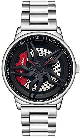 RWXCOW Herren Uhren, Auto Rad Felgen Nabe Uhr, Hohl wasserdicht Sport Uhr für Herren Geschenke Armbanduhren Silber-(Stahlband)