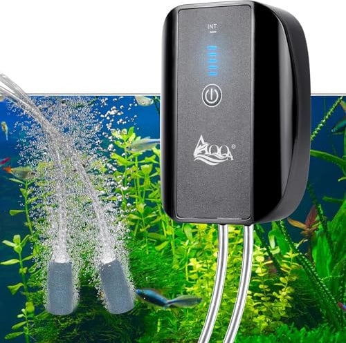 AQQA Aquarium Air Pump, Silent Battery Rechargeable Air Aerator Pump for Fish Tank,5W Multifunctional Portable Oxygen Pump with Accessories, Up to 610L Aquarium