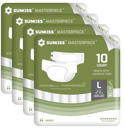 SUNKISS Masterpiece Windeln für Erwachsene mit ultimativer Saugfähigkeit, Einweg Inkontinenz Slips für Männer und Frauen, mit Tabs, Auslaufschutz bei Blasenschwäche, Weiß, Größe L, 40 Stück