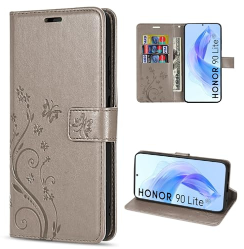 betterfon Hülle Kompatibel mit Honor 90 Lite | Premium PU Leder Handyhülle Wallet Case für 90 Lite | Schutzhülle Blumen Klapphülle Handyhülle | Grau