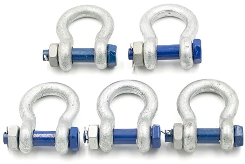 Schäkel 9,5t Tragfähigkeit 5 Stück mit Augbolzen mit Mutter und Splint - Schäkel Geschweift Form BX - Schäkel Hochfest - Stahl Feuerverzinkt Rundschäkel