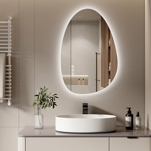 S'AFIELINA Spiegel mit Beleuchtung Asymmetrischer LED Badspiegel 85 x 50 cm mit Touch-Schalter, Dimmbar 3 Lichtfarbe Einstellbare, Beschlagfrei Badezimmerspiegel mit Beleuchtung