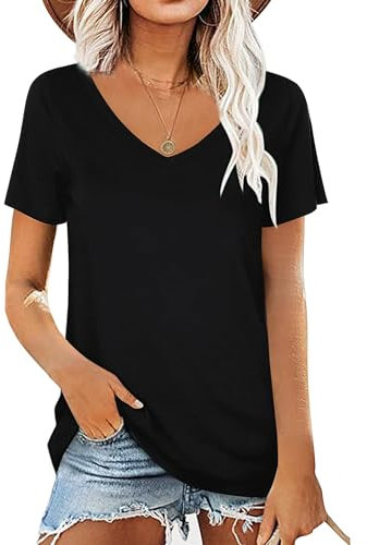 AirMood Camisetas de Verano para Mujer, Cuello en V, Estilo Casual, Manga Corta, túnica, Negro, M