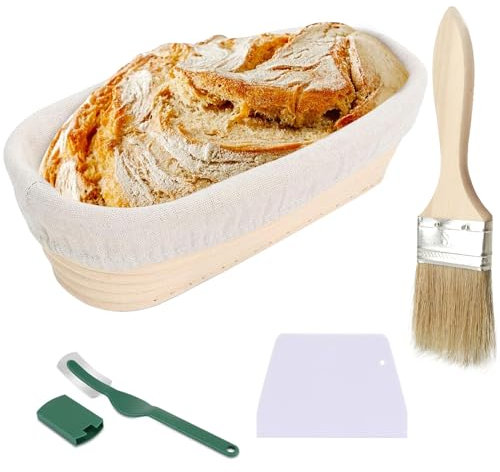 Cesta de Fermentación, 25x15x8 cm Cesta Pan, Banneton, Con Tela de Lino, Raspador de Masa,Cuchillo de Panadero y Cepillo, Cesta de Ratán Natural Para Pan y Masa, Cesta de Pruebas Para Pan y Masa