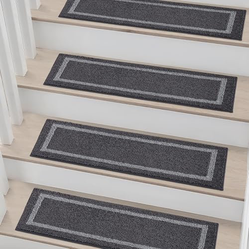 COSY HOMEER Carpet Stair Treads, Non-Slip Indoor Carpet Treads for Stairs for Kids Elders and Dogs, 100% Polyester Quick Peel Self-adhesive Stair Runner Rug Pads, 22 x 70cm, 4 PCS,Black