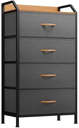 YITAHOME Kommode, 4 Stoffschubladen mit Griffen, Aufbewahrungsschrank, Schubladenschrank, Schrank, Metallgestell, stoffkommode für Schlafzimmer, für Wohnzimmer, Flur, Büro, Dunkelgrau