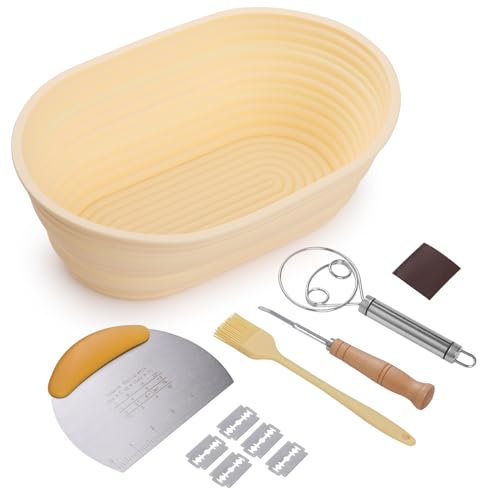 Anhow Cesta de Fermentación para Pan de Silicona, Banneton Ovalado 26 cm, Plegables y Recipientes Seguros para Horno, con 4 Herramientas De Panadería Profesionales Gärkörbchen - Beige, Ovalado