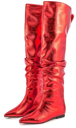woileRQ Stivali sopra Il Ginocchio con Punta Piatta Lucida da 1,5 Cm Stivali Alti per La Primavera E L'autunno,Rosso,39 EU