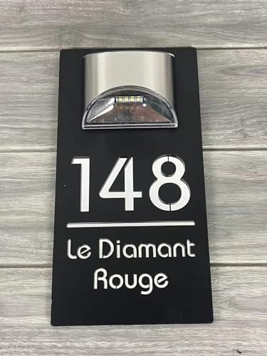 ZXH Personalized Solar Modern Door Plaque, Custom Solar House Number Sign Led, Black Silver