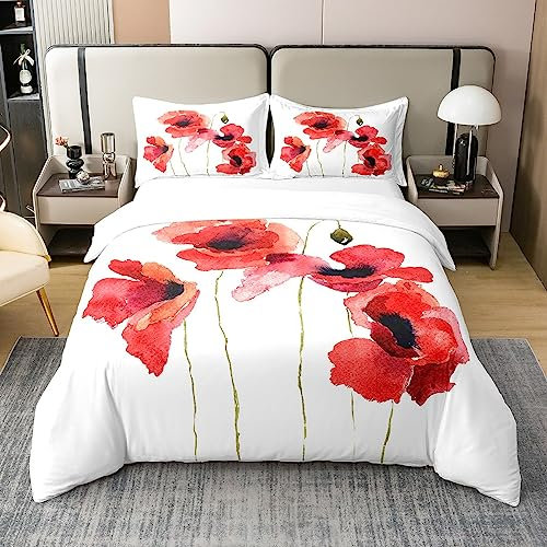 Loussiesd Mohnblume 100% Baumwolle Bettwäsche Set 135x200cm Rot Floral Botanical Bettbezug Set Baumwolle Bettwäsche Set für Schlafzimmer Rustikales Frühlingsgarten Thema Weiß Bettbezug Set