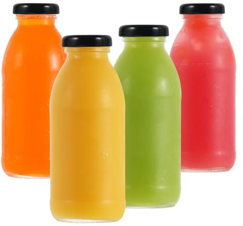 LIMILI Bottiglie in vetro con coperchio, 4 bottiglie per latte in vetro trasparente da 280 ml, bottiglie per succhi di frutta, frullati, bottiglie per latte riutilizzabili, per preparare proteine,