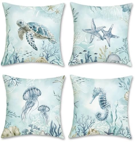 Bonhause 4er Set Kissenbezüge Küsten 45 x 45 cm Meeresschildkröte Seepferdchen Strand Dekorative Kissenhülle Ozean Blau Zierkissenbezüge für Sofa Zuhause Patio Dekoration