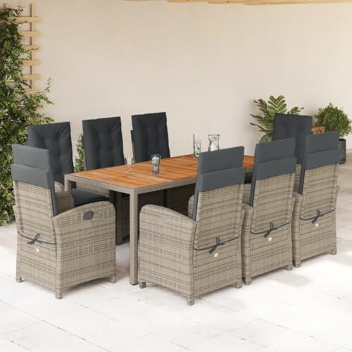Juroupi 9-TLG. Garten-Essgruppe mit Kissen Gartenlounge Outdoor Garten Essgruppe Gartentisch Set Garten Sitzgruppe Grau Poly Rattan - 3212246