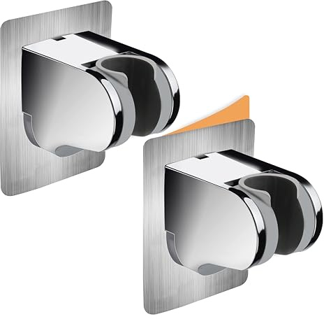 HOMEWELL Wall Mount Shower Bracket,Self-Adhesive, Chrome, 2-Pack | No drilling, just peel-and-stick, for handheld shower head, wide angle swivel, fits any shower space, waterproof