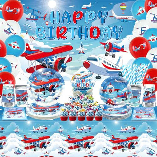 Airplane Birthday Decorations - Airplane Party Supplies, Plates, Cups, Napkins, Tablecloth, Happy Birthday Backdrop, Balloon, Cake Toppers for Plane Theme Party, Baby Shower Supplies