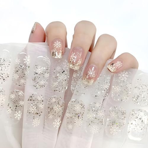 BETESSIN 22Pcs Noël Autocollants Ongles Stickers Adhésif Complets en Gel Semi-Durci Motif Flocons de Neige Paillettes Nail Art Lampes UV/LED Nécessaires