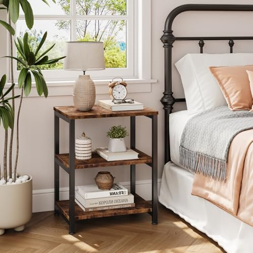 Dripex Rustic Brown Living Room End Table, 3-Tier Wooden Narrow Nightstand, Bedside Table with Steel Frame, Slim Coffee Table Small Spaces, Storage Sofa Side Table for Bedroom or Office