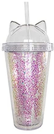 Vaso de agua con tapa con pajita, taza de plástico con lentejuelas, de doble capa, con orejas de gato, para niñas, para interior y cocina