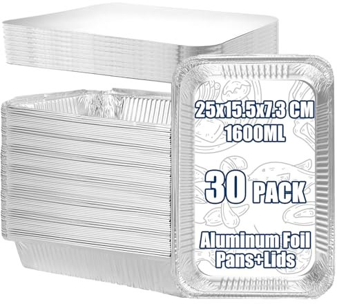 LOPYXBR Lot de 30 plateaux en aluminium avec couvercles, 1600 ml, conteneurs à emporter en aluminium pour la cuisson au four, la cuisine, la friteuse, le barbecue (24,9 x 15,2 x 7,3 cm)