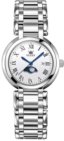 OLEVS Damen Uhren Silber Edelstahl Weiß Wählscheibe Analoger Quarz Uhr Damen Kleines Handgelenk Römische Ziffern mit Datum Kleid Uhr für Frauen Retro wasserdichte Stilvolle Damenuhren