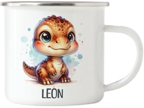 Kiddle-Design Kindertasse mit Namen Personalisiert, Personalisierte Tasse Kinder Dino Dinosaurier, Namenstasse Dinotasse, Kinderbecher als Geschenk zur Taufe, Geburt Weihnachten - Emaille Tasse