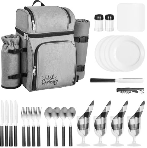 VEVOR Sac à Dos Isotherme pour 4 Personnes, Sac à Dos de Pique-Nique Randonnée Camping, avec Compartiment Isotherme, Porte-Bouteille Amovible, Couverture Légère et Kit Assiettes et Couverts, Gris