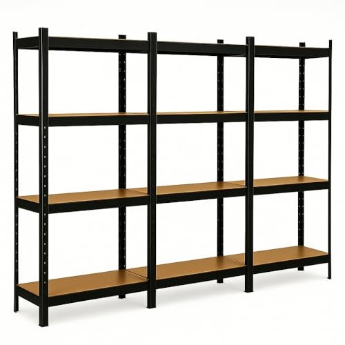 EURO VANADIUM - Triple Étagères de Rangement Charges Lourdes - 210 x 150 cm - 960 kg - Étagères de Garage modulables, 4 Niveaux, 12 Plateaux - 30 cm - Noir