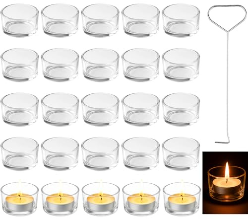 Ferenando 25 Pcs Tea Light Candle Holders Ø4.5xH2.5cm Glass Tealight Holder | Glass Candle Holder with Extinguishing Hook, for Weddings, Christmas, Parties, Birthdays & Table Decoration
