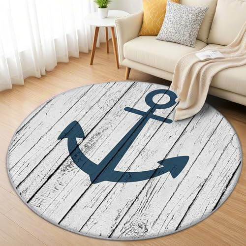 AevuCub Maritim Teppich Rund 100cm Kurzflor - Waschbare Teppiche Wohnzimmer Anker Nautisch - Runder Teppich 100cm Durchmesser Kinderzimmer - Bettvorleger Schlafzimmer rutschfest Weich
