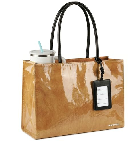 HOMESPON Shopper Damen Groß Wasserdicht, Aesthetic Kraftpapier Handtasche mit Reißverschluss, Robuste PVC Schultertasche für Büro, Uni und Alltag