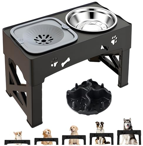 Raised Dog Bowl - Elevated Dog Bowl Feeder Stainless Steel 5 Heights Adjustable with Slow Feeder Bowl & Non Spill Water Bowl,8.2cm/22cm/25cm/28cm/31cm Stand Feeding Station for Small Medium Large Dogs