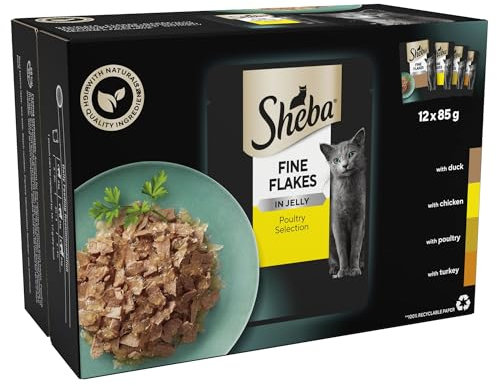 Sheba Fine Flakes in Jelly – Geflügel-Kollektion – Nassfutter für ausgewachsene Katzen – 48 x 85 g Packung