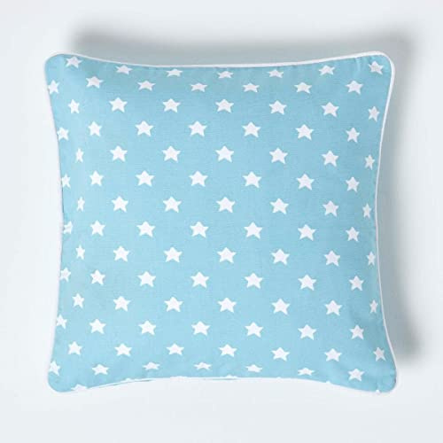 HOMESCAPES - 100% Cotton - Star - Cushion Cover - 45 x 45 cm Square - 18 x 18 Inches - Blue White - 100% Cotton Sofa Pillow Cushion Cover - Washable