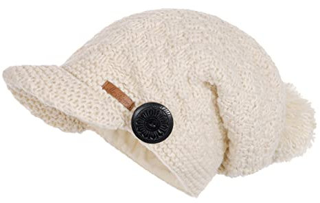 McRon Damen Gefütterte Beanie Wollmütze mit Bommel Mika Wollweiß 9011