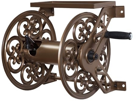 Liberty Garden, Modell 708, dekorative Schlauchtrommel zur Wandmontage aus Stahl, bronzefarben – passend für 38 m Gartenschlauch mit 1,6 cm Durchmesser