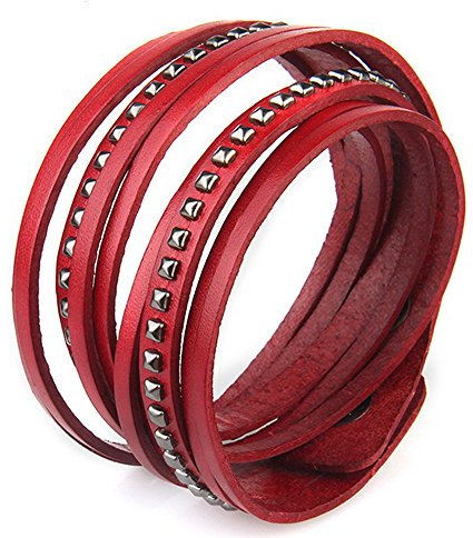 Cheerlife Unisex Nieten Armband Punk Wickelarmband Echt Leder Armreif Vintage Armschmuck (Rot)